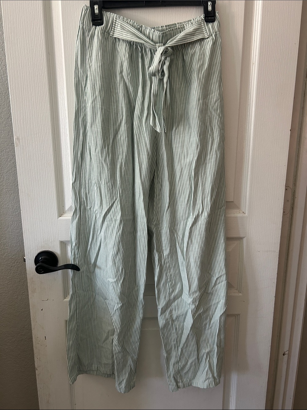 BTFBM Tie-Waist Wide Leg Pants in Light Sage Stripe